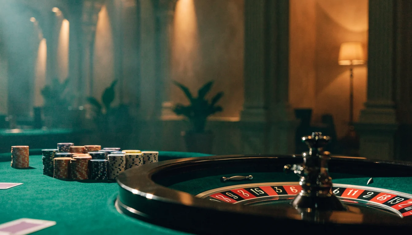 Mesa elegante de ruleta en vivo con fichas en estudio de casino iluminado con luz dorada